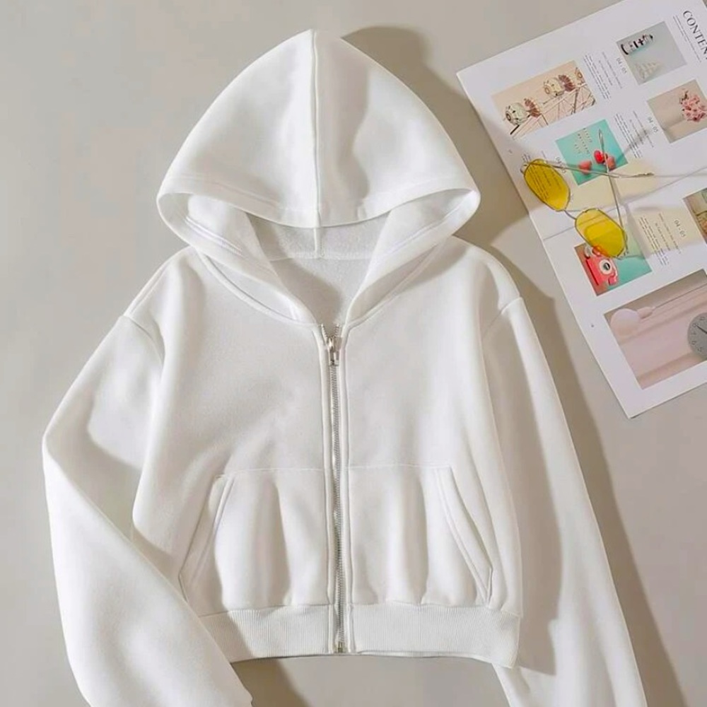 Solid Zip Up Drop Shoulder Crop Hoodie